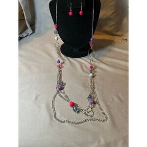 Paparazzi Extra Long Pink and Purple Necklace and Earrings Set